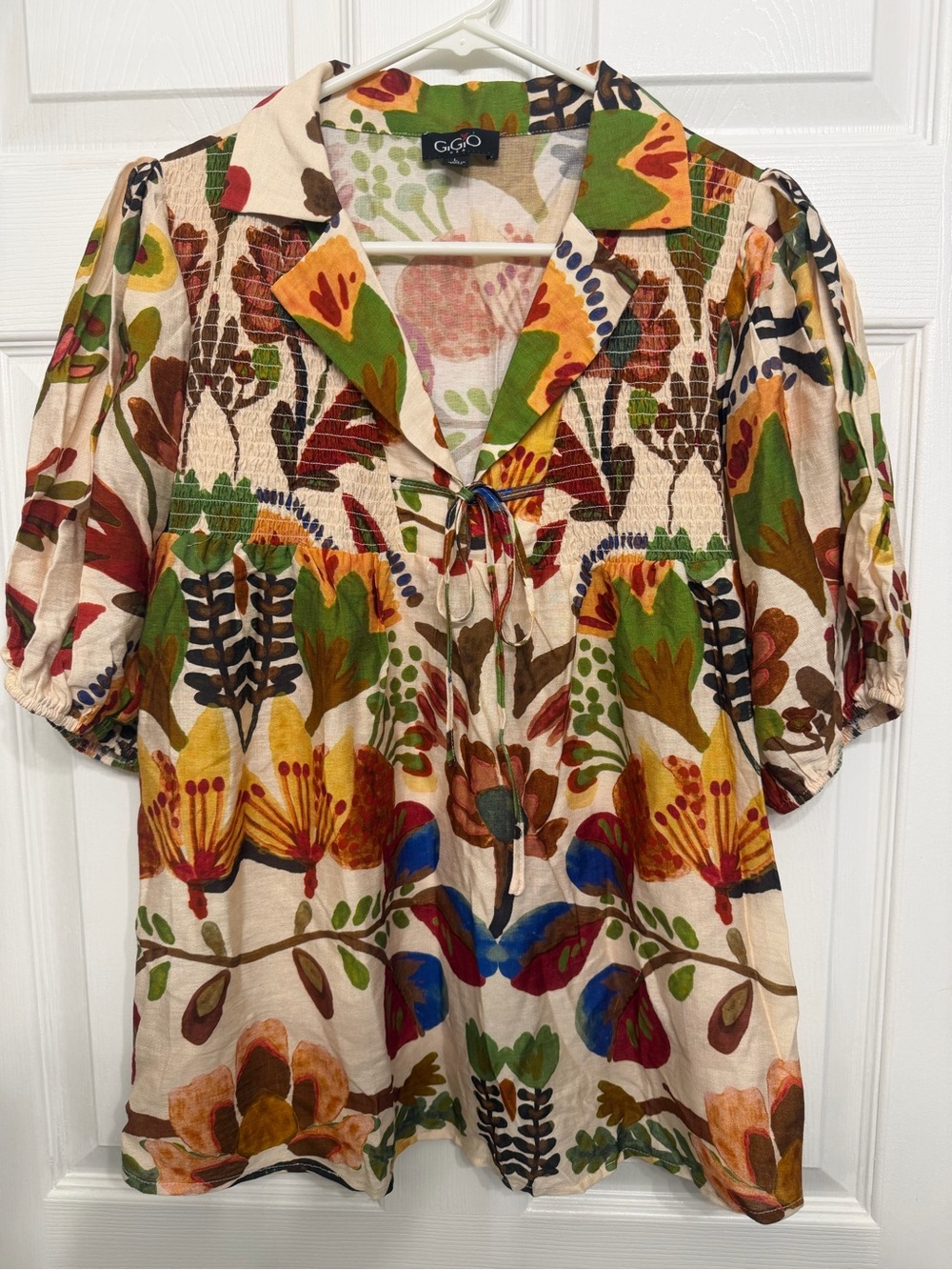 G.G.O. Floral Smocked Peasant Blouse in Cream Multi